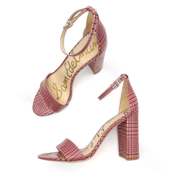 Sam Edelman Yaro Block Heel Ankle Strap Sandal Warm Pink Plaid Women’s Size 8.5 - Picture 4 of 16